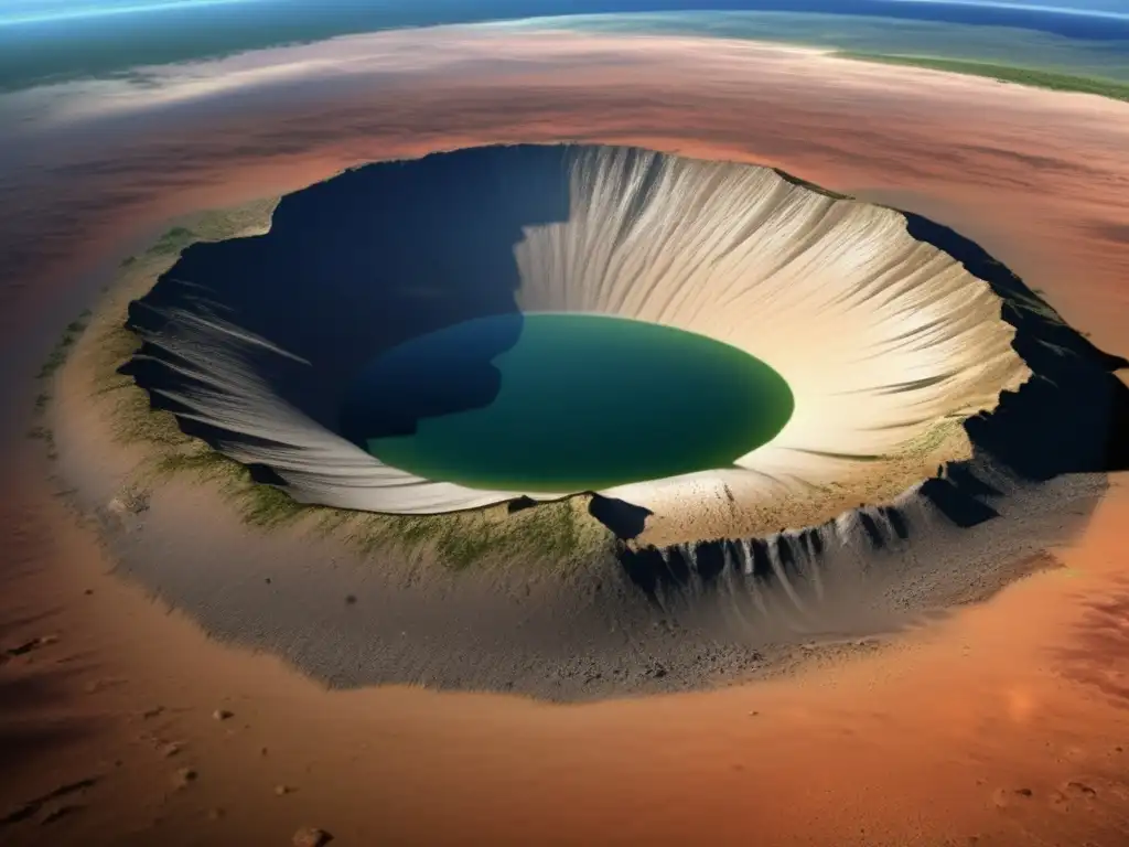 A captivating photorealistic image of the Chicxulub asteroid impact crater with visible layers of sedimentary rock and iridium-rich clay deposited