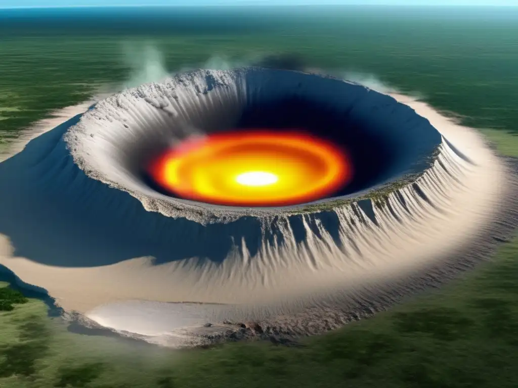 A breathtaking photorealistic depiction of the Chicxulub impact crater on Mexico's Yucatan peninsula, with a stunning closeup of the crater's center