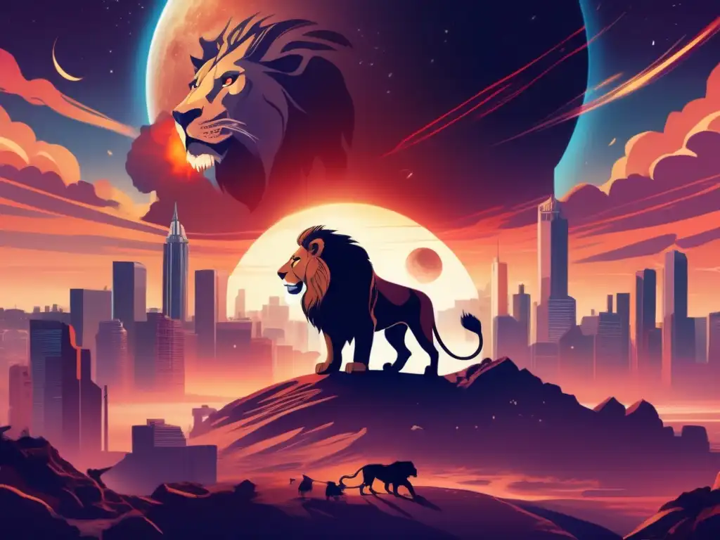 A dramatic Chimera Asteroid, with lion, goat, and serpent heads, breaks through the surface of a planet, casting a shadow over a nearby city
