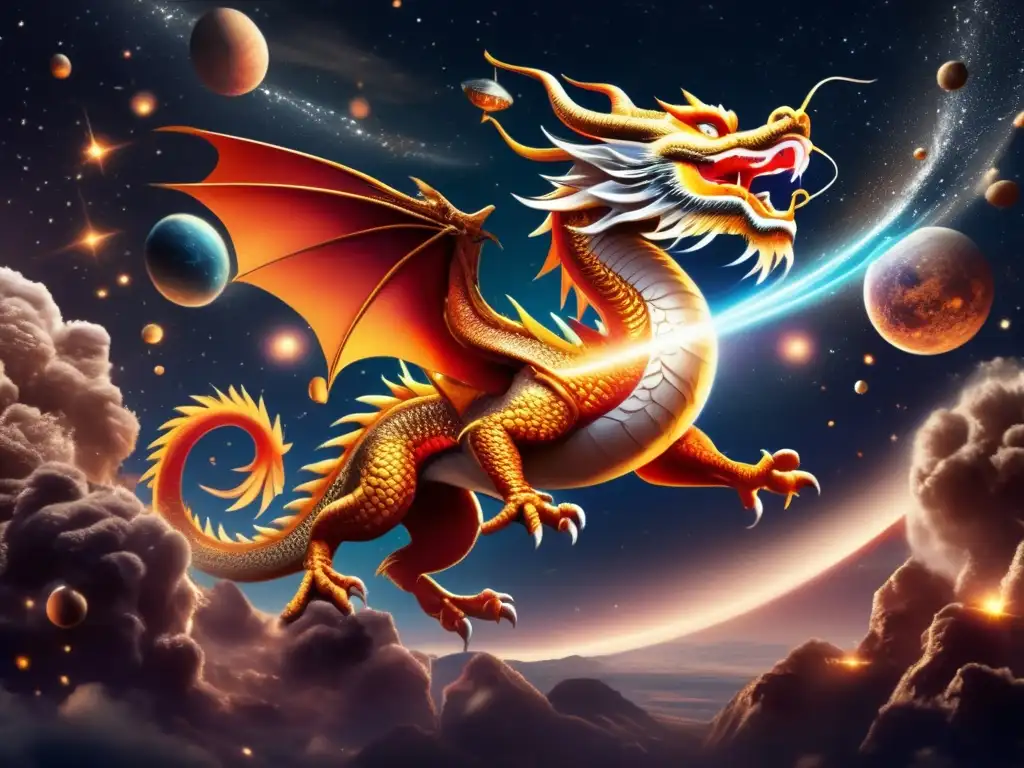A photorealistic image of a majestic traditional Chinese dragon soaring through the night sky, amidst a swirling galaxy and celestial bodies, with asteroids depicted in the background, casting streaks of light, symbolizing the power and cosmic significance of asteroids in ancient Chinese parables