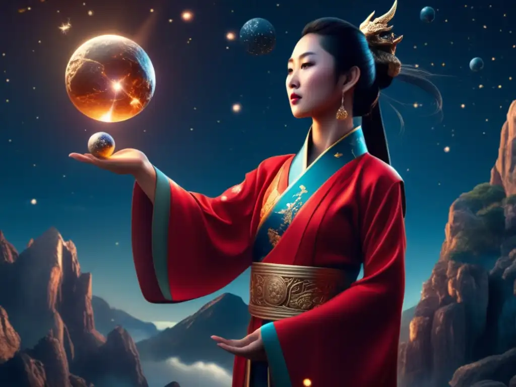 A stunning photorealistic portrayal of a stoic Chinese goddess, holding an asteroid in her otherworldly hand, surrounded by the celestial battle scene of a dragon, with the cosmos as a serene backdrop