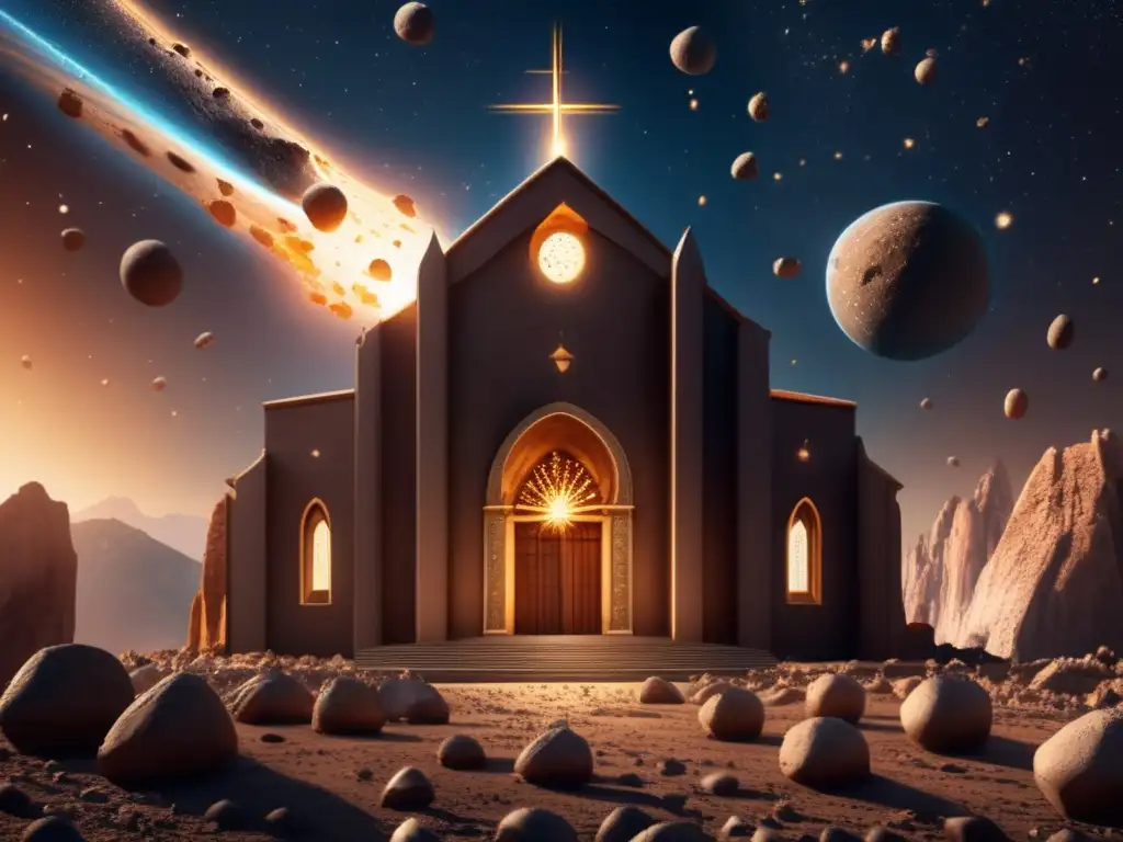 Christian ancient church with fallen asteroids symbolizing enlightenment while intricate carvings depict early mythology