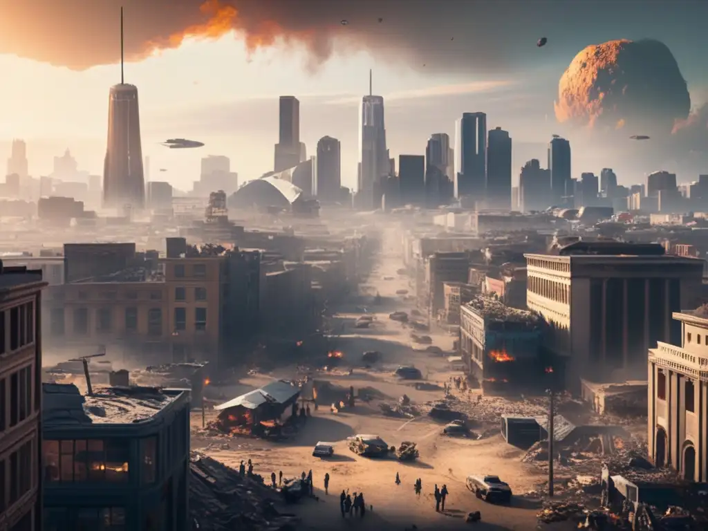 A panoramic view of a stricken cityscape, with a mix of old and new architecture standing tall amidst asteroid damage