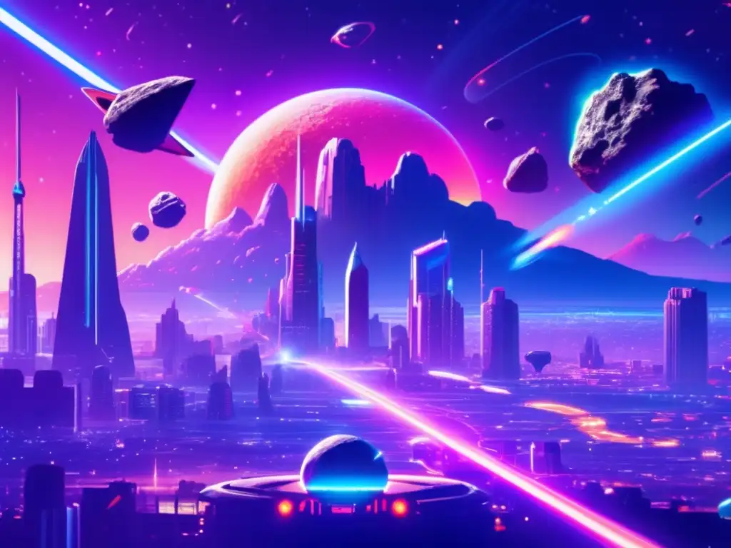 A surreal cityscape glows with neon lights, surrounded by asteroids rocking the earth