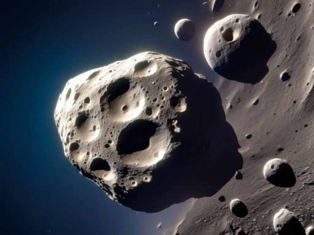 A closeup of an asteroid in midflight reveals intricate details and granulation on its surface, suggesting it has been impacted or altered