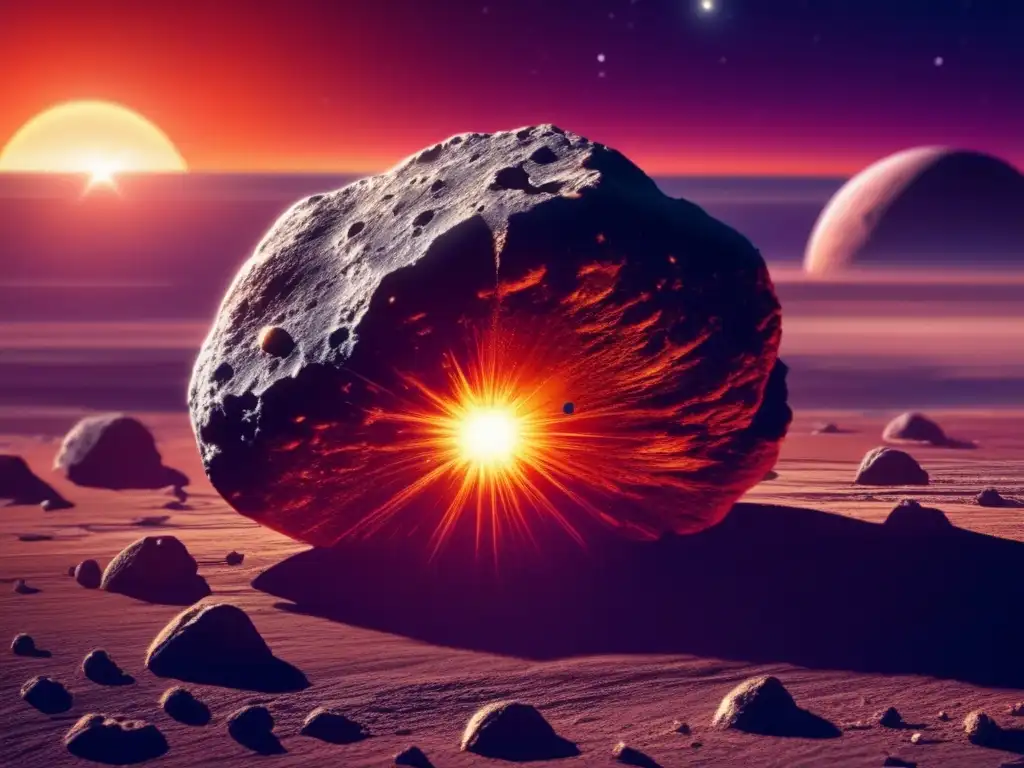 A unique asteroid with a meticulous texture and cratering surface looms in front of a vibrant sunset, surrounded by orbitsing debris in a photorealistic style