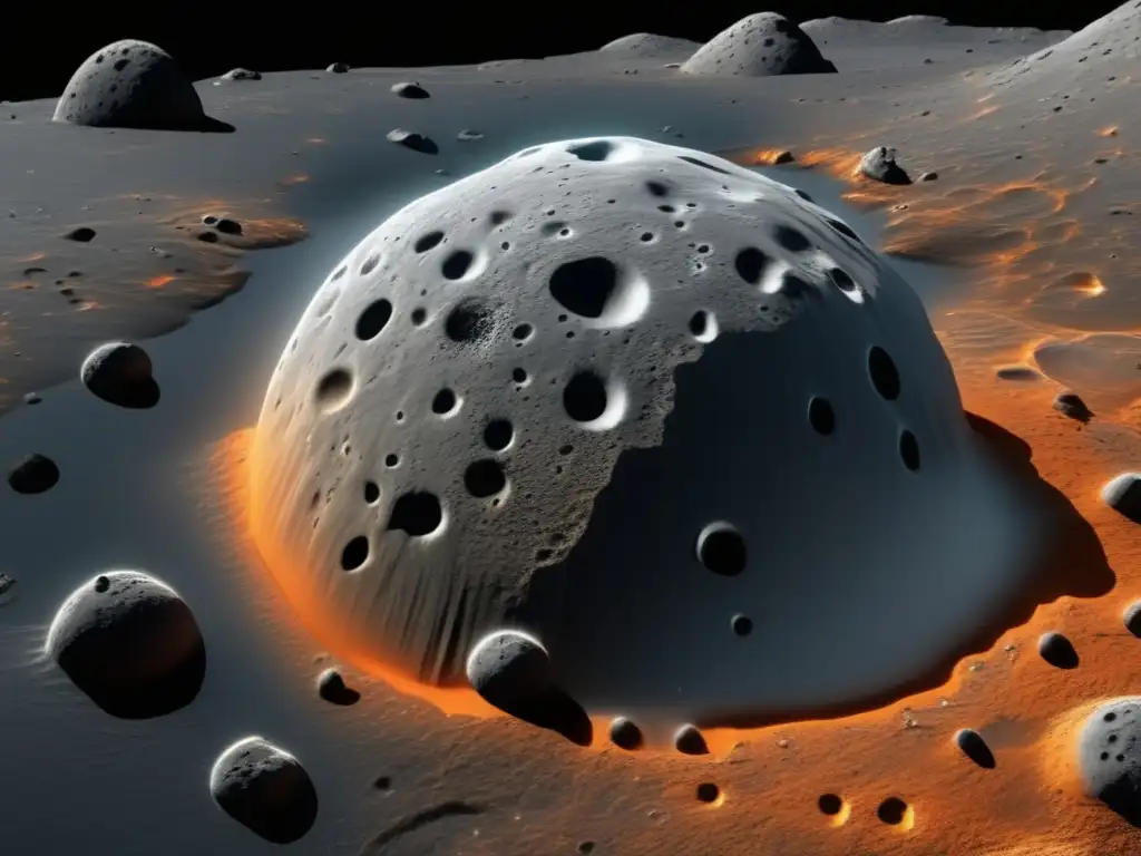 Dash-An image of an otherworldly gray asteroid, with black craters and orange veins hinting at water or ice formations