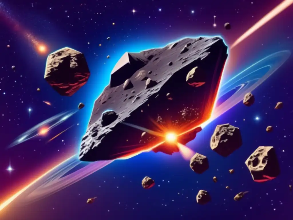 A breathtaking photo of a swarm of asteroids colliding in space, depicted with unparalleled detail and shading