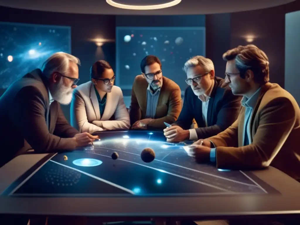 A photorealistic image of a diverse group of scientists collaborating around a table under dim lighting, with maps and diagrams of asteroids scattered about, discussing their findings from sophisticated telescopes and equipment