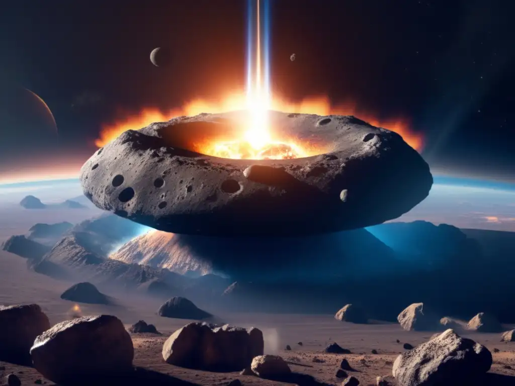 A colossal asteroid approaches Earth, its surface adorned with finely detailed craters and jagged rocks, encased in a halo of smoke and debris