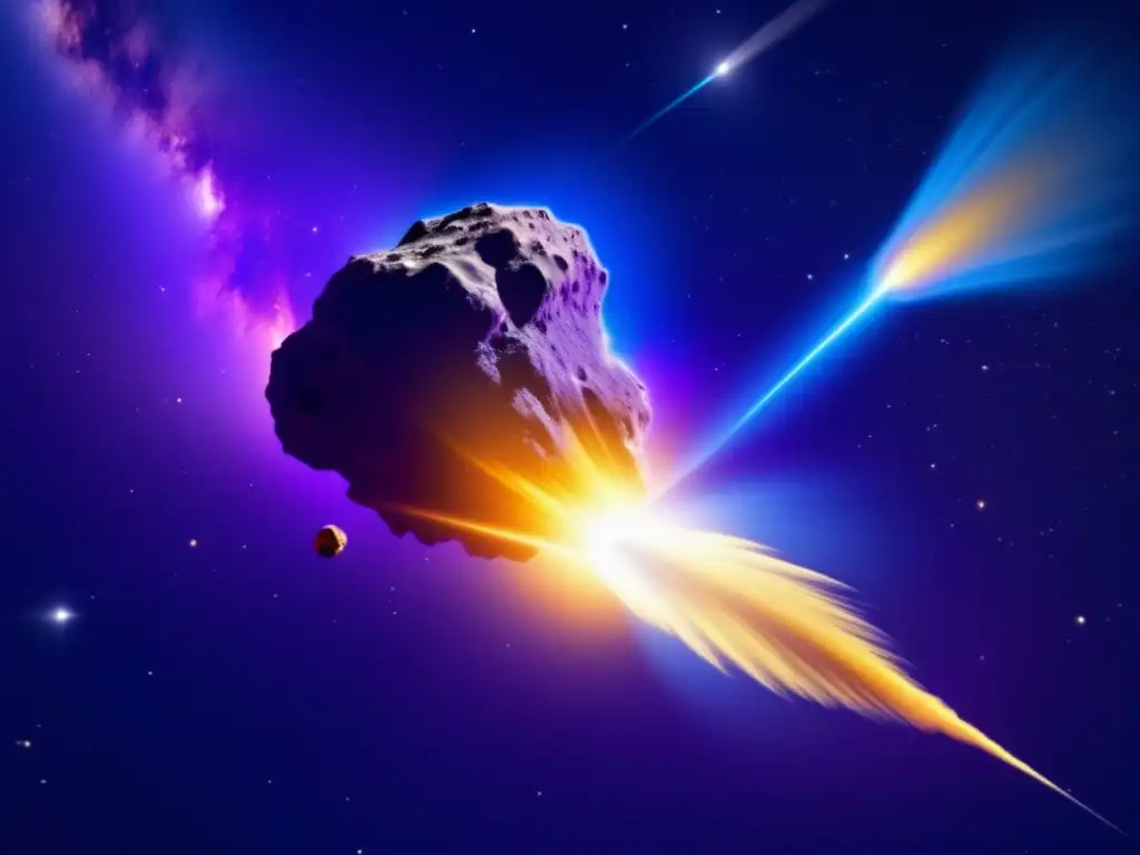 A breathtaking aerial view of a comet collision with an asteroid, set against a deep, dark blue-purple backdrop