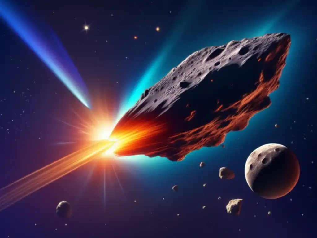 In this photorealistic image, two ancient comets and asteroids collide in space, their tails and surfaces captured in stunning detail