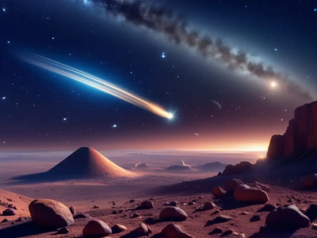 A photorealistic image of a vast ancient sky with faint stars and a mysterious comet streaking across the heavens