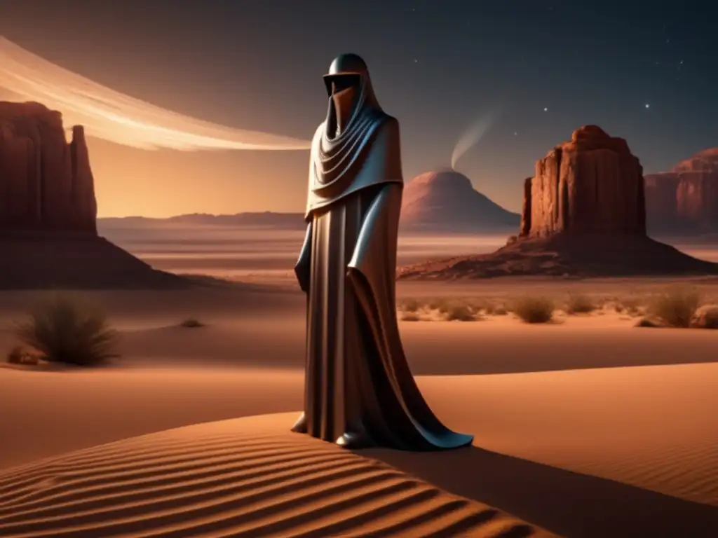 A photorealistic image of a headless statue in a desert, illuminated by a comet's fiery tail