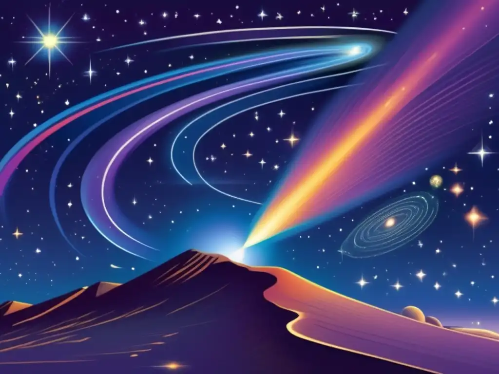 A stunning and mesmerizing illustration of the cosmos, featuring a colorful comet observed in 1995 by the Keck Observatory and other telescopes