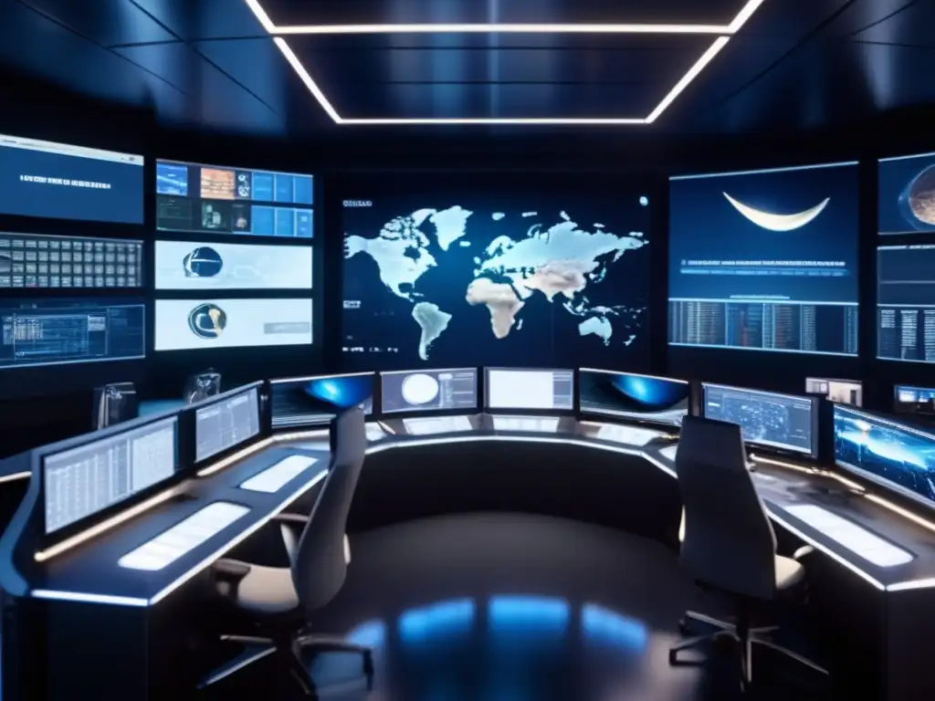 The ATLAS System control room, a hub of spacecraft imagery and complex data, is illuminated by soft ambient lighting