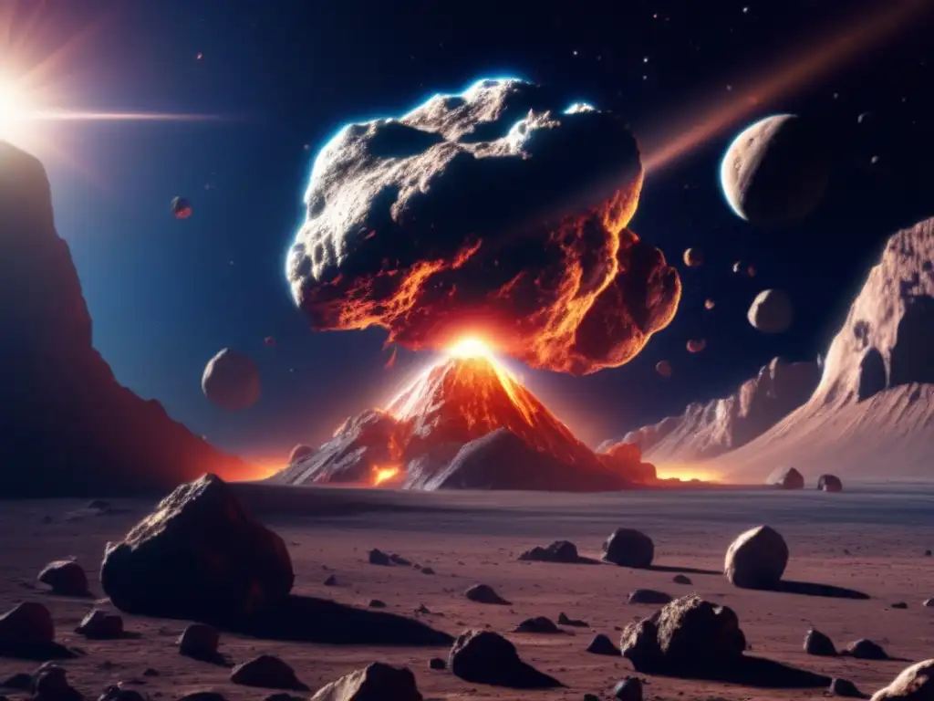 A photorealistic image of an imposing asteroid with debris blasting from its surface, bathed in bright sunlight