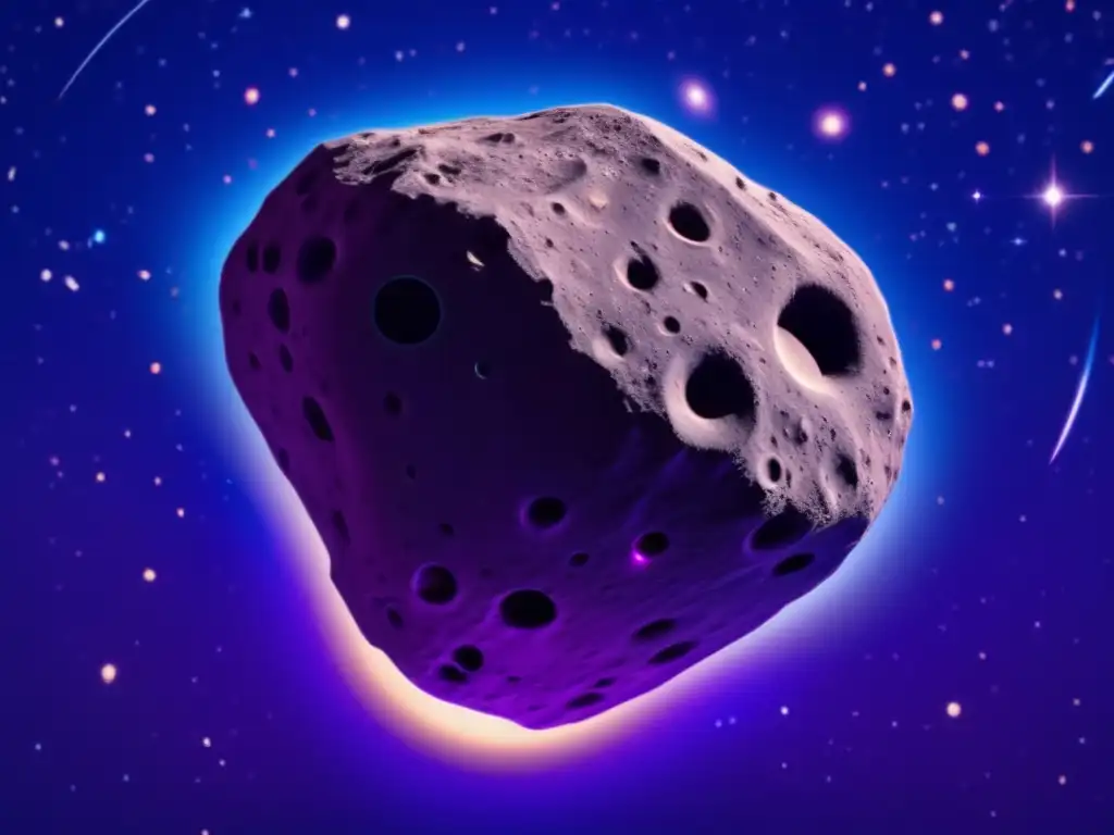 A photorealistic image of a potato-like asteroid with a shimmering ring of debris, against a deep purple and blue cosmic backdrop with stars visible in the distance