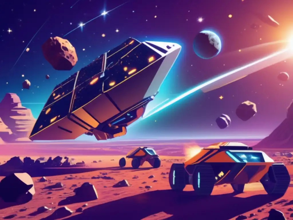 Futuristic asteroid mining operation in full swing, with colorful and diverse asteroids spread wide, and a large spacecraft drilling and extracting resources, surrounded by drilling equipment and shining in the warm sunlight, against a vast cosmic background with stars and constellations