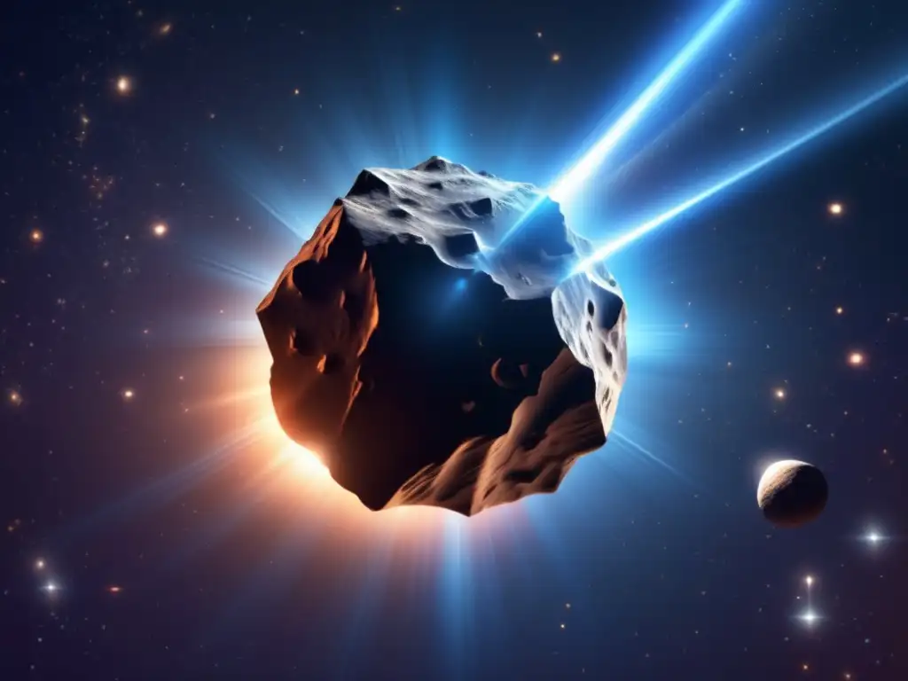 A captivating celestial scene, with a black void backdrop and luminescent blue rays radiating from the center, forming a mesmerizing asteroid burst