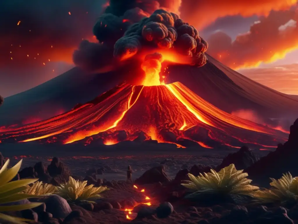 A breathtaking 8k image of a cosmic volcano erupting in a fiery display of lava and gas, amidst intricate formations and exotic flora on a mysterious asteroid