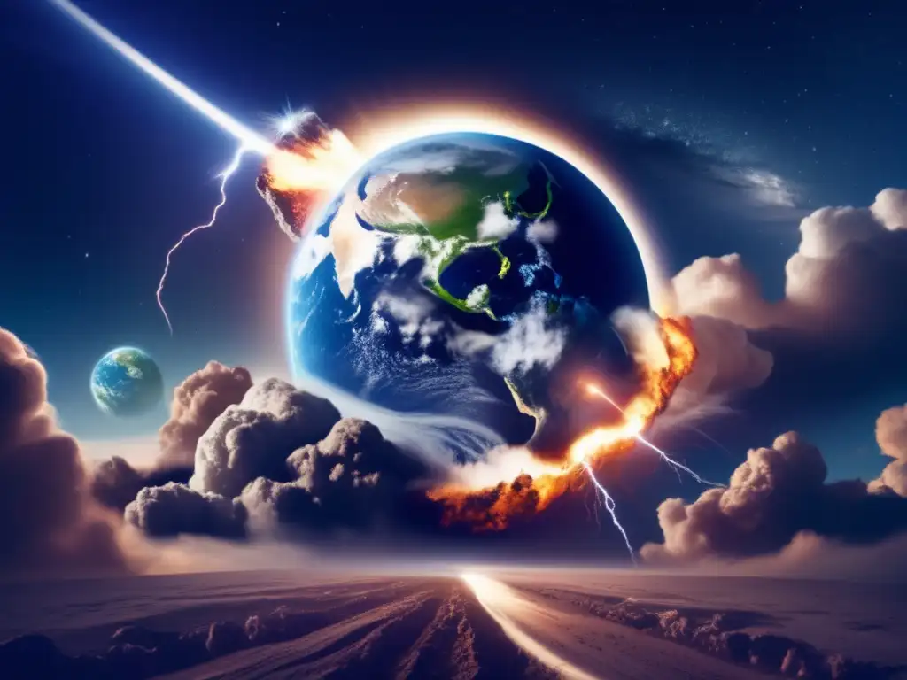 An illustration of the Earth in space, with an impending asteroid collision blocking out the sun and plunging the world into darkness
