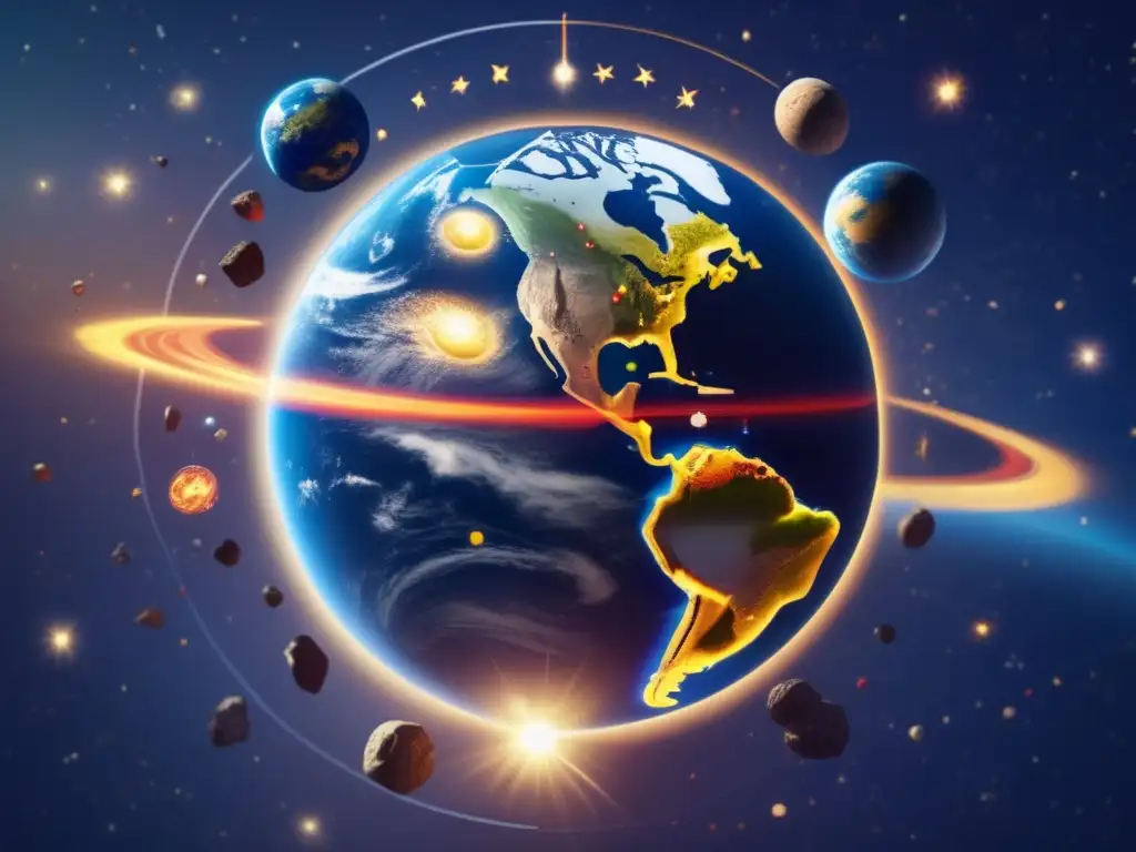 Earth views from space, with a clock in the center - A photorealistic depiction of our planet, with asteroid orbits labeled in red and yellow