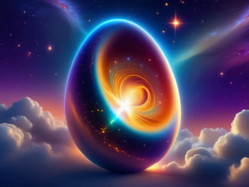 A majestic cosmic egg floats in the abyss, its swirling clouds of multicolored gas pulsating with life