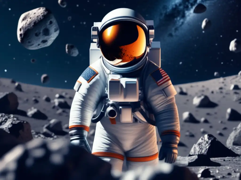 An astronaut in a space suit, isolated and in danger, floats in front of an asteroid field