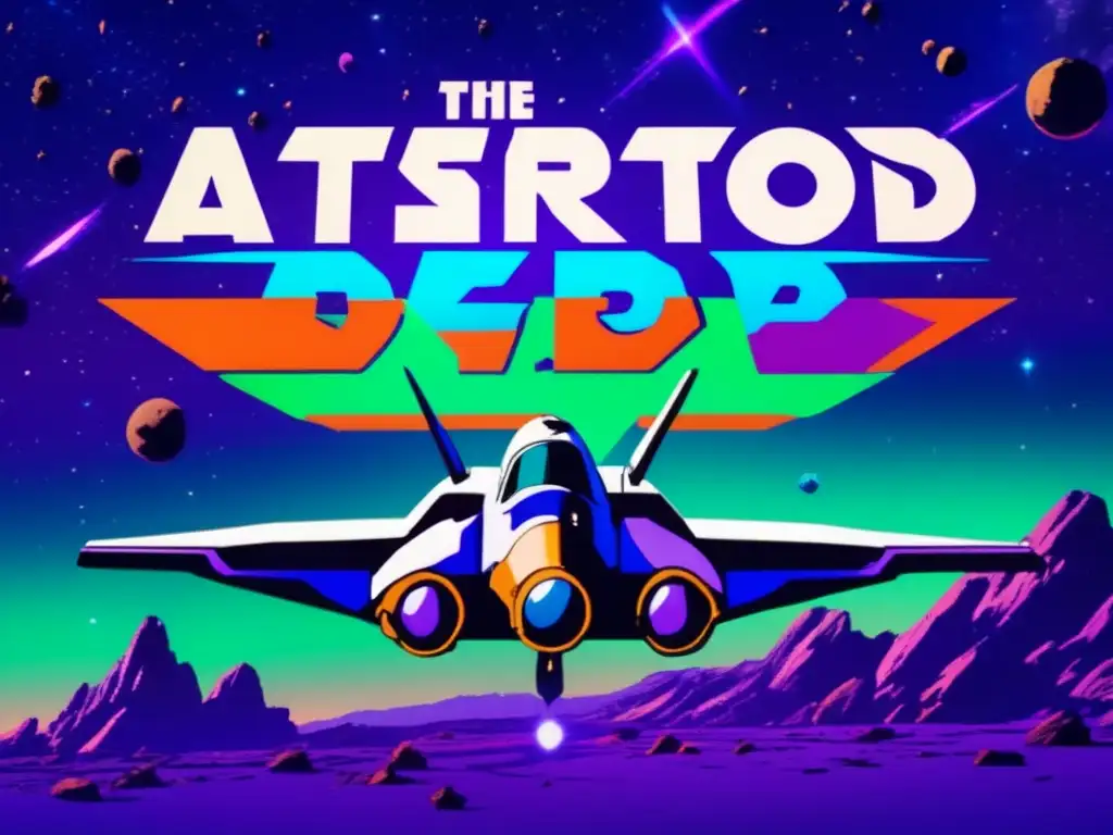 A lone spaceship darts through the void of space amidst a sea of asteroids, with 'Cowboy Bebop' logos emblazoned on its sides