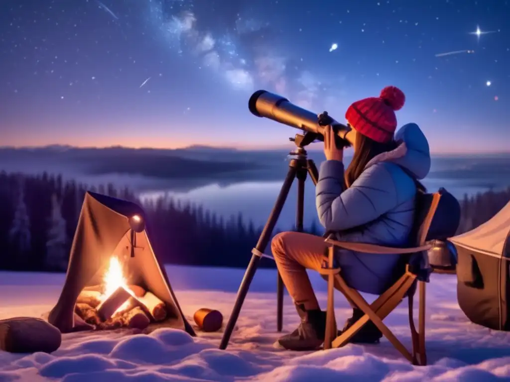 A cozy campfire illuminates the darkness as the individual gently gazes through the telescope, taking in the wonders of the night sky with clear eyes