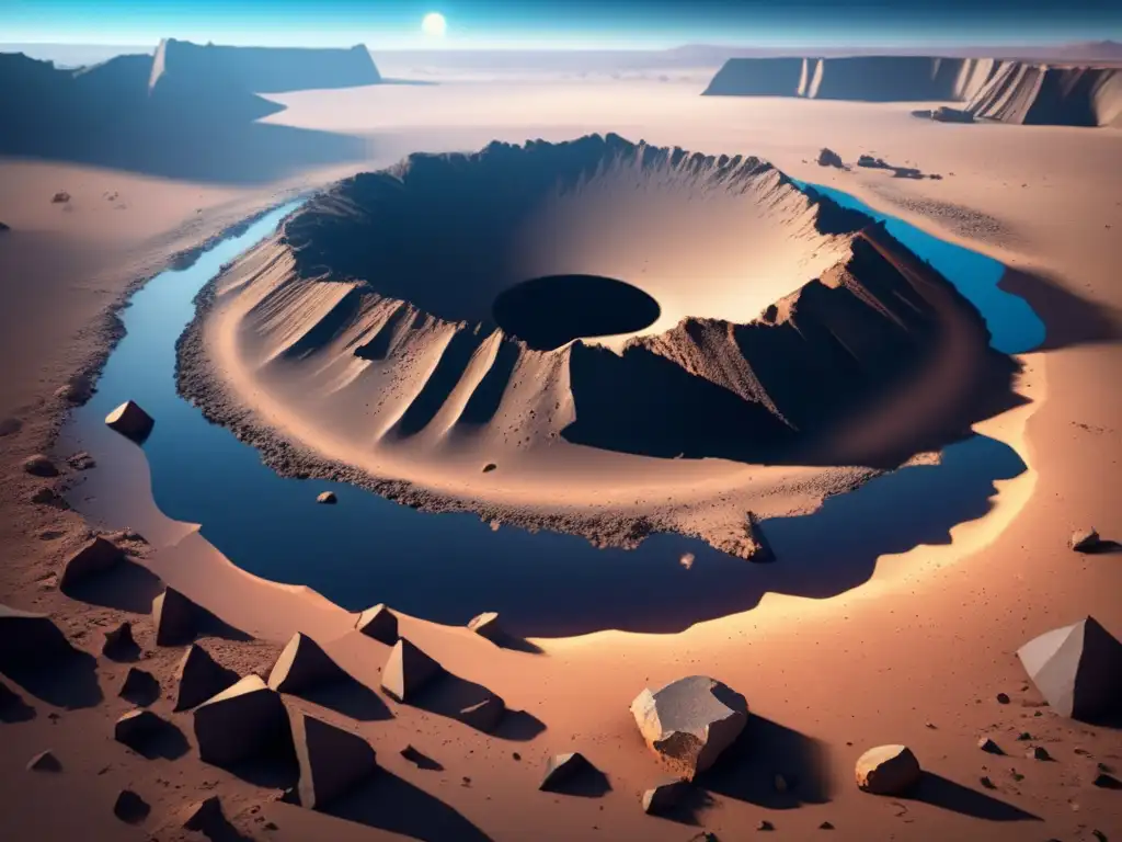 A photorealistic image of a crater in a desert landscape reminiscent of Mars, with fractured and displaced rocks surrounding the edges