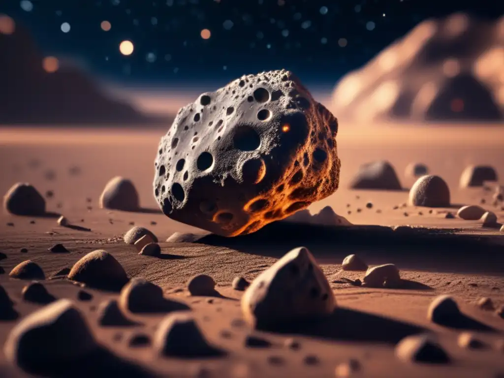 A meteoroid, intricately detailed and barren, tumbles through space, displaying its rocky surface teeming with craters