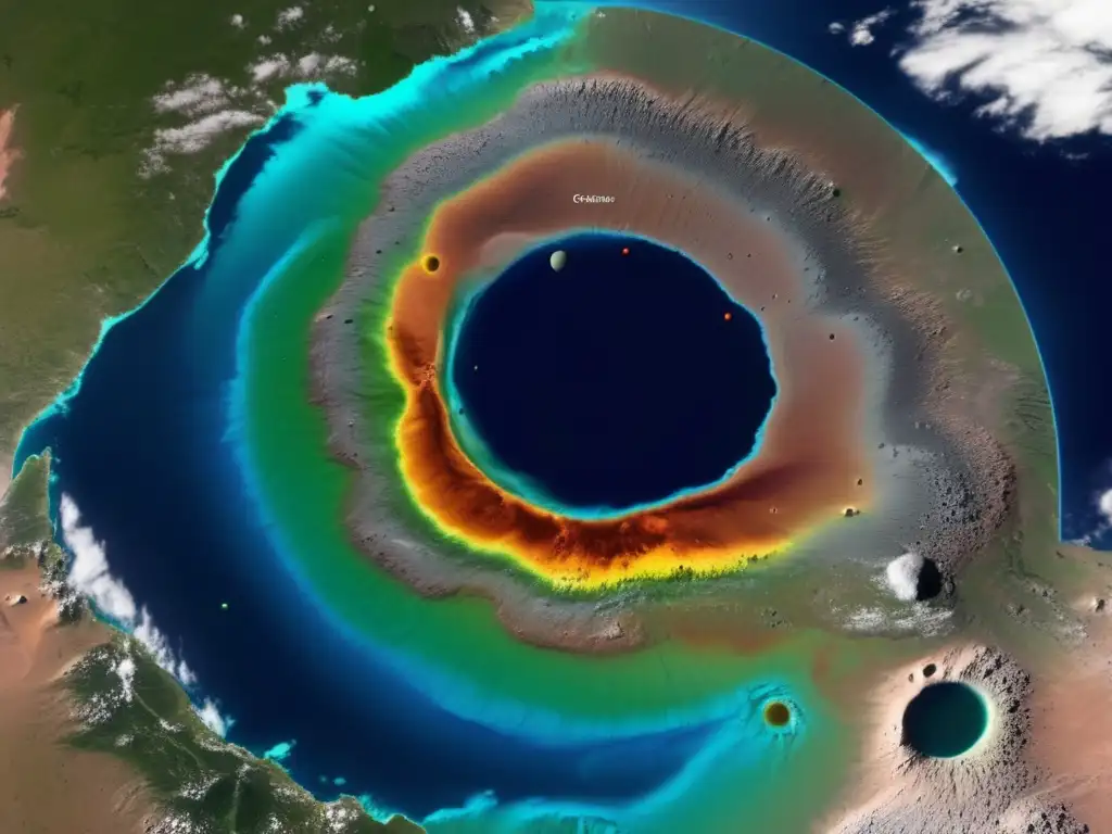 A stunning satellite image of Earth's surface, overlaid with impact circles representing various craters