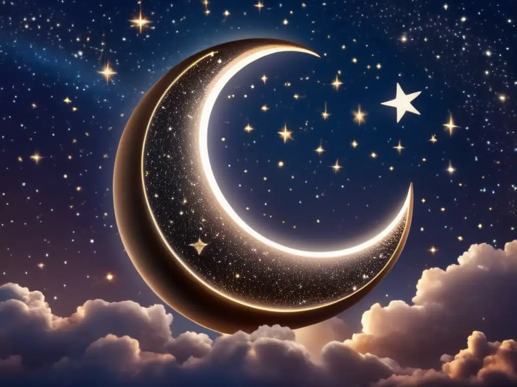 An ethereal closeup of a rustic crescent moon, bathed in the glow of stars above