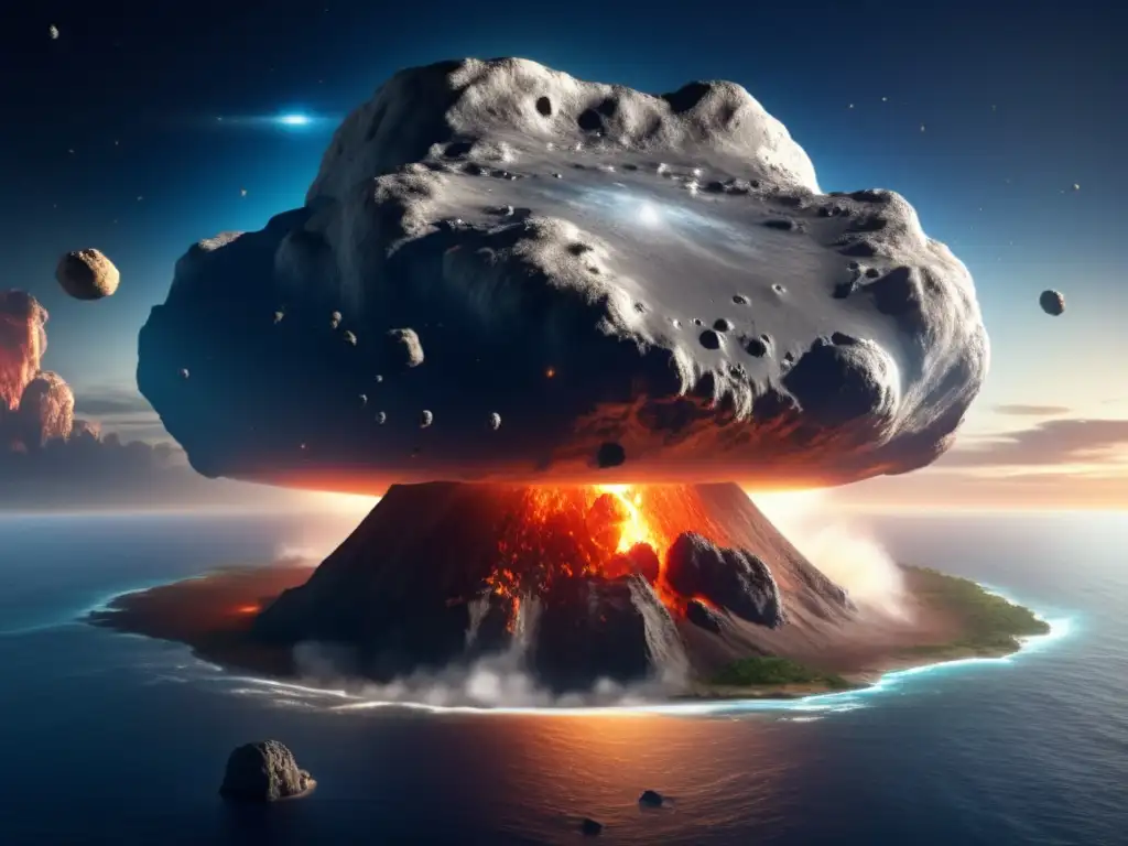 A photorealistic image of a large asteroid striking Earth during the endCretaceous period, causing a massive crater and debris splashing high into the sky and visible in the surrounding waters