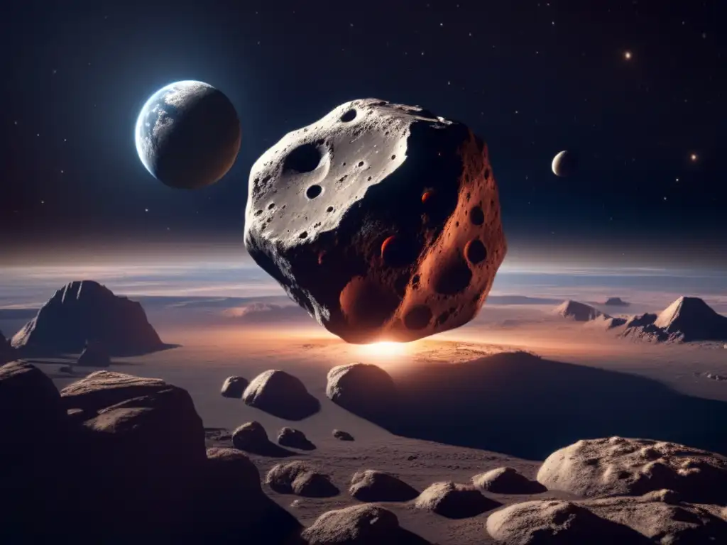 A photorealistic image of an asteroid in the foreground, surrounded by a dark space backdrop, with the planet Creusa visible in the background