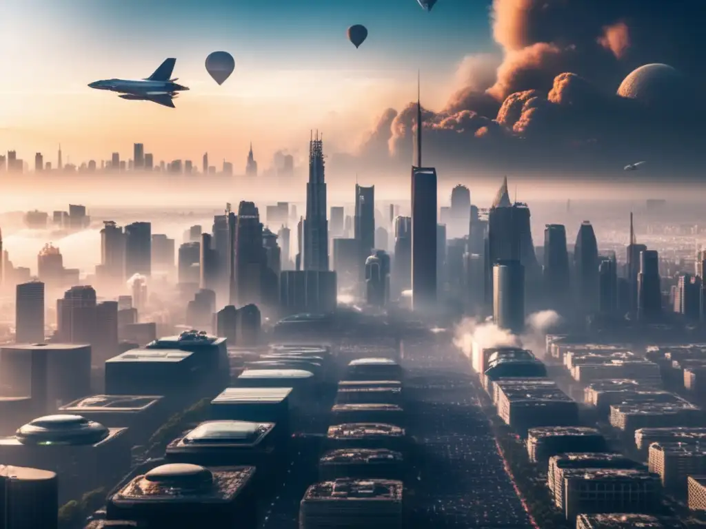 A photorealistic image of a crowded city skyline, with towering skyscrapers, bustling streets, and spacecrafts soaring through the sky