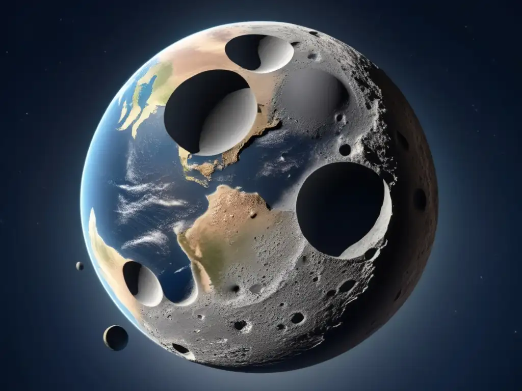 An awe-inspiring digital rendering of Cruithne, Earth's enchanting second moon, captured from a breathtaking vantage point high above our planet