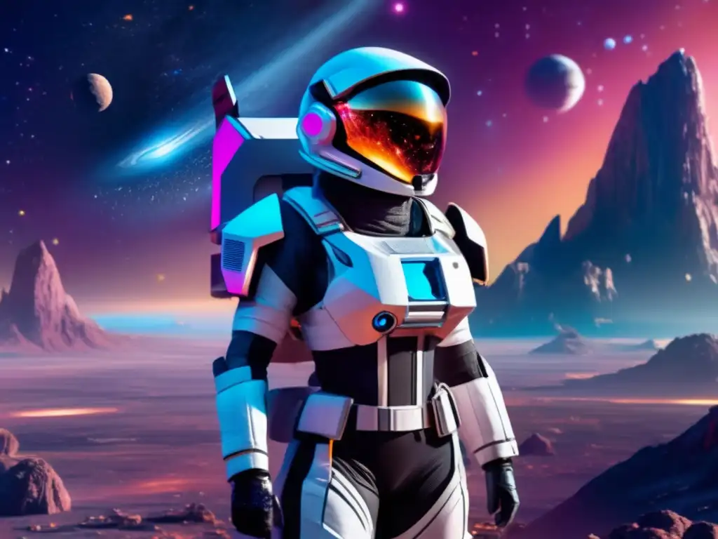 A cosmic crusader in her gleaming armor, fiercely brandishing a high-tech weapon, with a determined gaze on the vast, vibrant galaxy sprawled around her, standing atop a towering asteroid amidst a bustling space station, ready to defend the galaxy from any threat