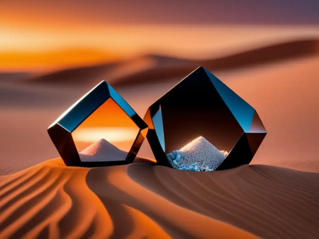 A breathtaking, black and white photorealistic image of two shocked quartz crystals, standing stunned in close proximity on a carpet of dunes, with the last rays of the setting sun casting a warm orange and pink glow over the scene, suggesting a sense of wonder and discovery