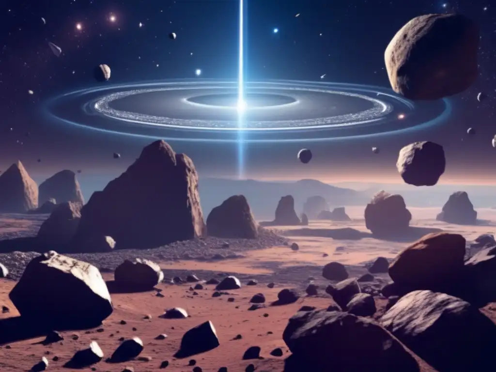 Crystalline asteroid field viewed from above with a soft, diffused light casting a halo around the rocks