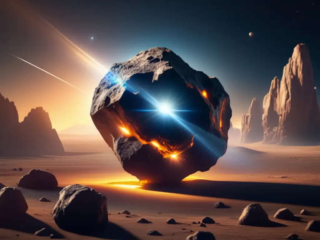 This photorealistic image captures the striking beauty and mystery of Asteroid Nisus, with its crystalline rock formations glistening under a halo of golden sunlight, set against the vast backdrop of space