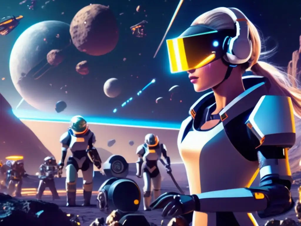 A captivating image of a lone woman with a mech arm and eye visor, focused on the task at hand, amidst a group of cyborgs mining an asteroid