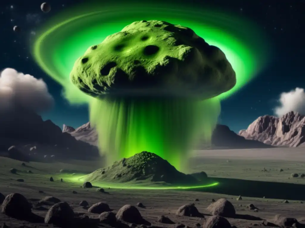 Science fiction and horror collide in an eerie image of an asteroid in space, emitting a green glow from within its dark craters