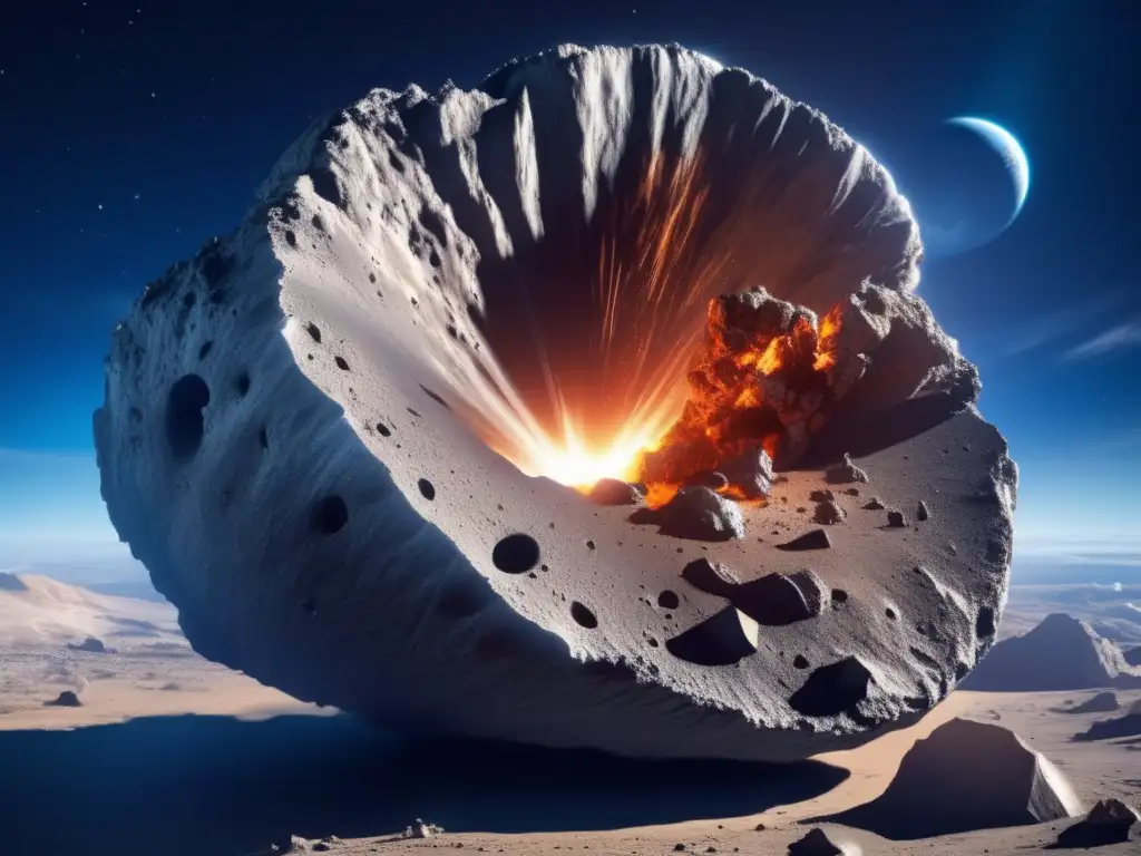 A hauntingly beautiful image of a 10km asteroid, with its dark surface visible against a vibrant blue-white background