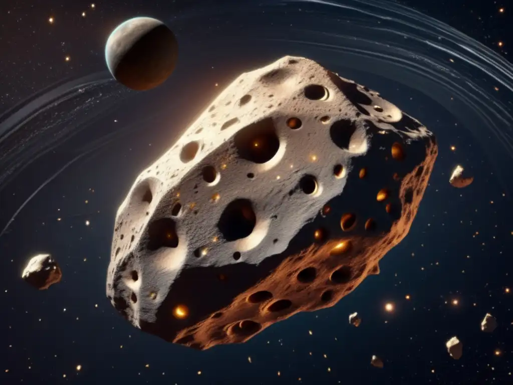 An eerie, photorealistic depiction of an asteroid, boasting intricate patterns, sharp edges, and textures that give a sense of depth, all set against a celestial backdrop with star clusters and floating debris