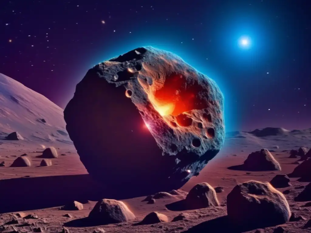 Davida, a massive, glowing asteroid with a reddish-brown hue and uneven, rocky surface, lies dormant in the darkness of space