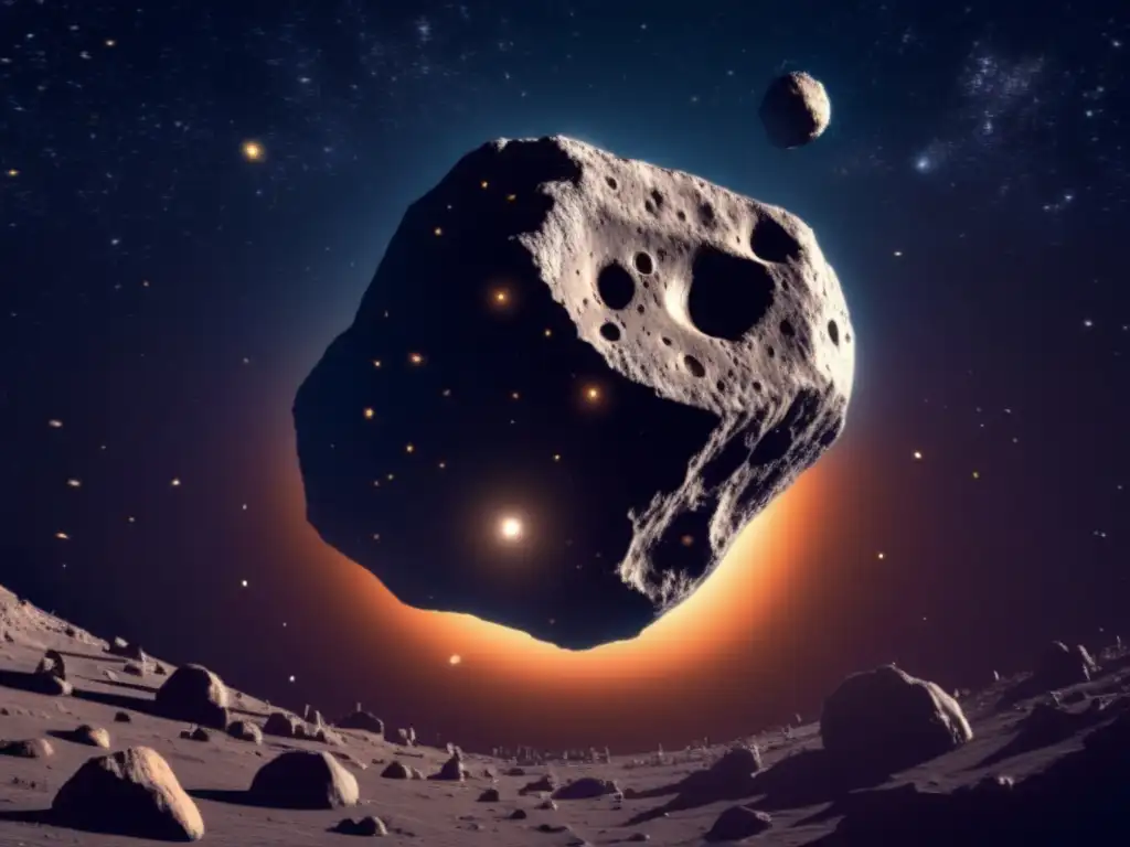 Awe-inspiring photorealistic image of massive asteroid, Davida, majestically orbiting around a luminous star in an abyssal dark space