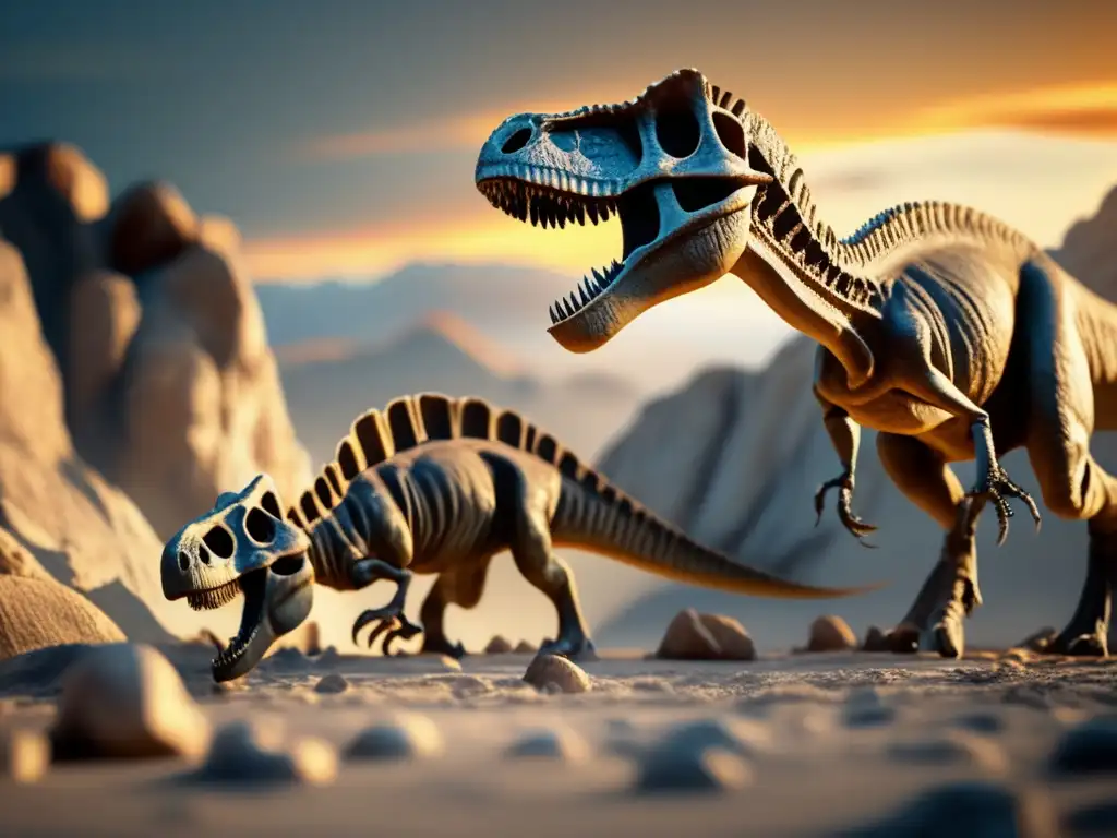 Dinosaur skeletons intricately carved from stone, with the ominous Chicxulub Impact zone visible in the background, hinting at the cataclysmic event that led to the creatures' extinction